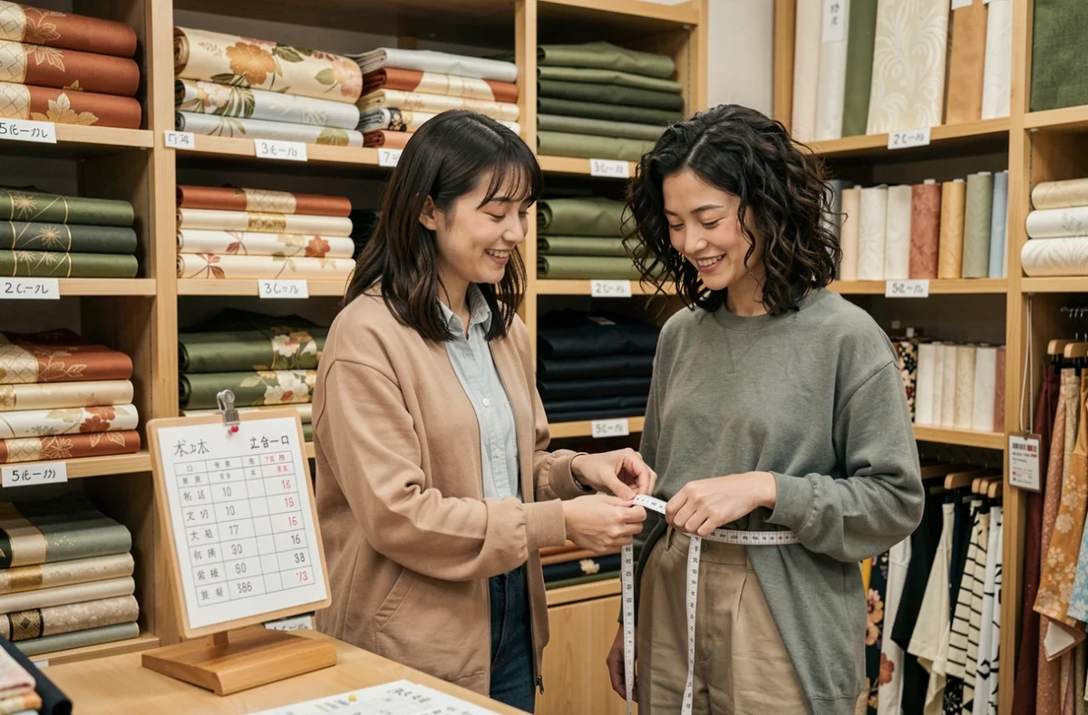 Vendeuse japonaise aidant une cliente française à prendre ses mesures pour choisir un kimono traditionnel dans une boutique de Tokyo