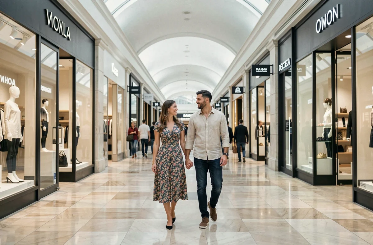 Couple se promenant dans les allées commerçantes du Centre Commercial Montparnasse