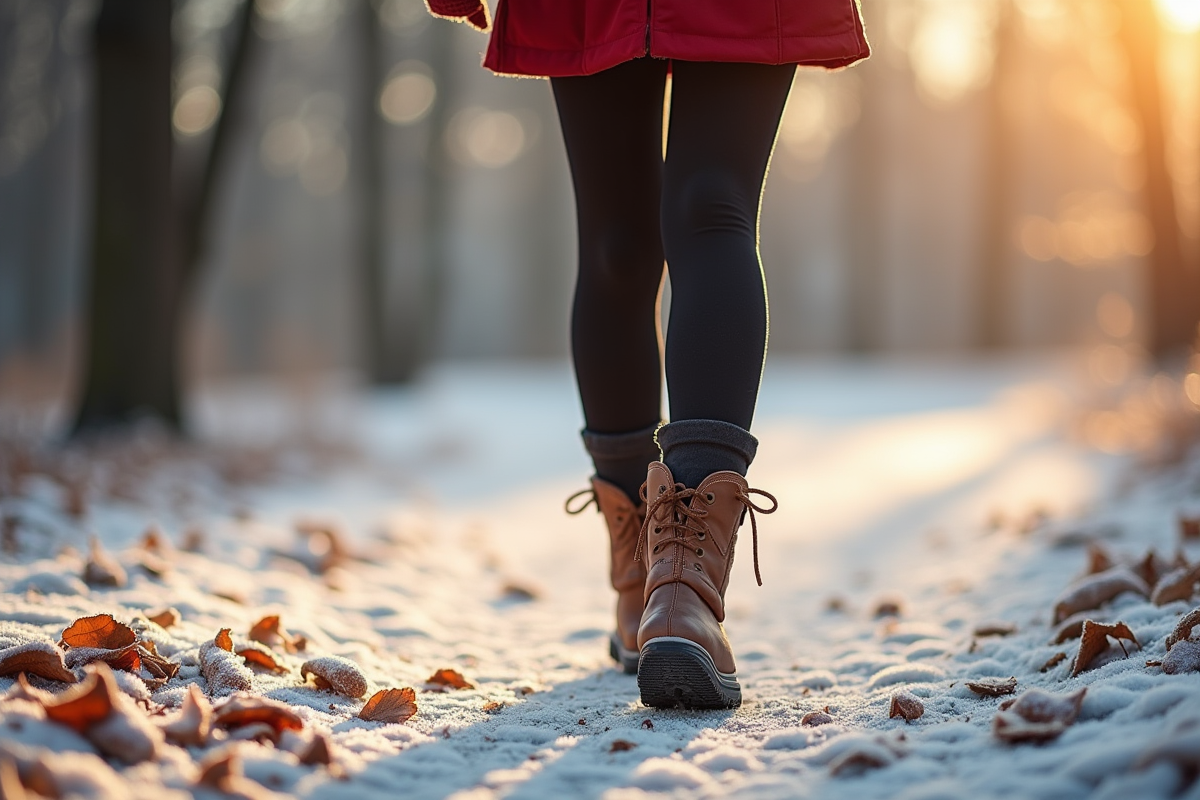 Jambes en collants thermiques et bottes dans un parc glacé en hiver