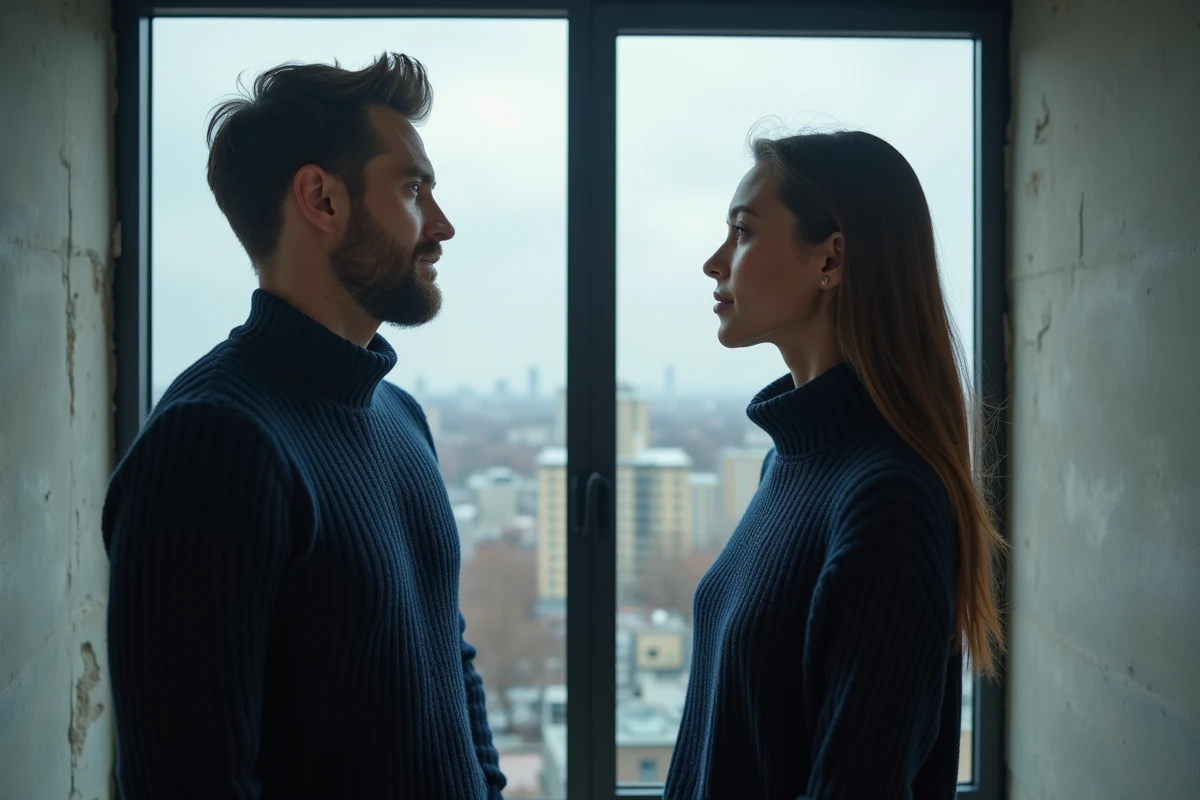 Couple en pulls en maille marine assortis séparés par une grande fenêtre urbaine, symbolisant la distance dans une relation amoureuse longue distance