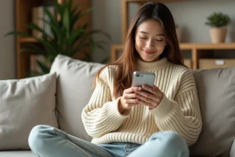 Jeune femme en pull en maille crème tenant son téléphone contre sa poitrine, souriant avec émotion dans un appartement cosy, illustrant la connexion à distance en couple