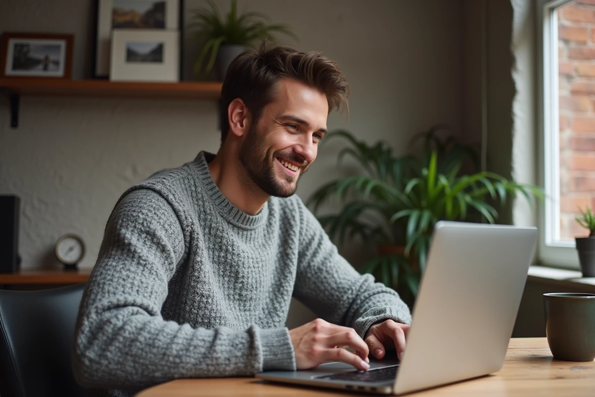 Jeune homme souriant en pull en laine gris chiné devant son ordinateur portable à son bureau, entouré de photos et de souvenirs, évoquant le maintien du lien en couple à distance