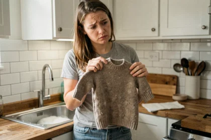Femme tenant un pull en laine rétréci au-dessus d'un évier de cuisine avec une expression perplexe