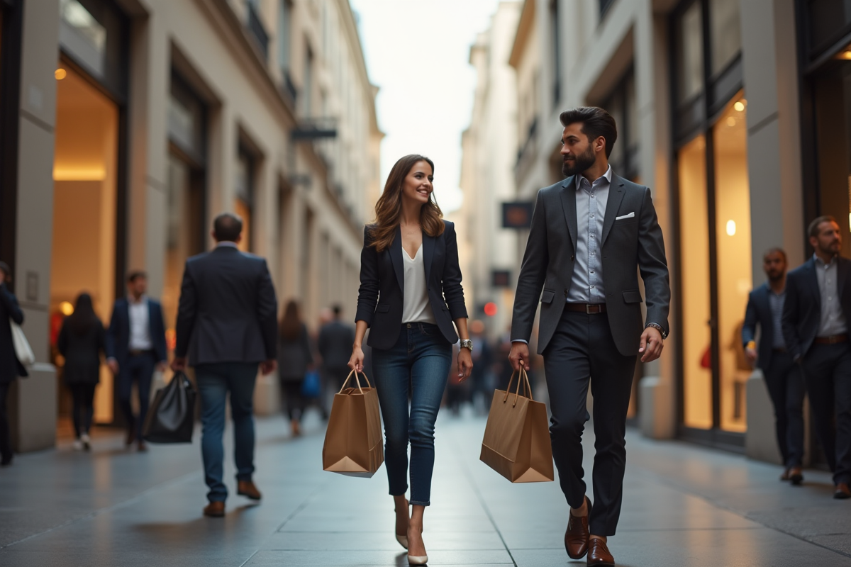 Quartier commerçant urbain luxe avec acheteurs élégants