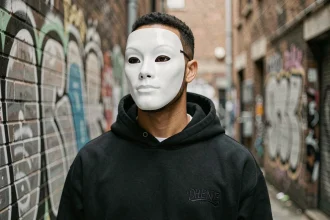 Rappeur portant un masque blanc dans une ruelle urbaine couverte de graffitis, illustrant la culture du visage ziak et l'anonymat dans le rap