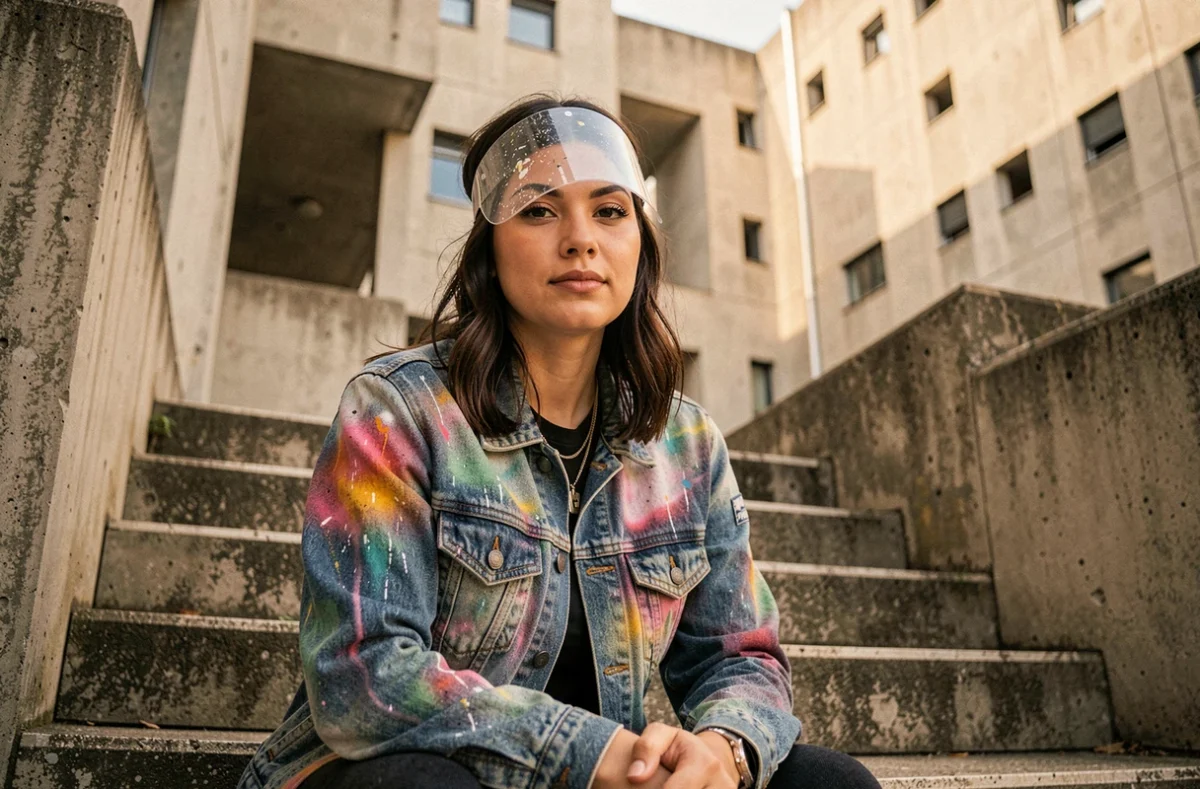 Rappeuse portant un masque translucide et une veste en jean peinte, assise sur des escaliers en béton d'une cité brutaliste, évoquant l'anonymat et l'identité dans le rap