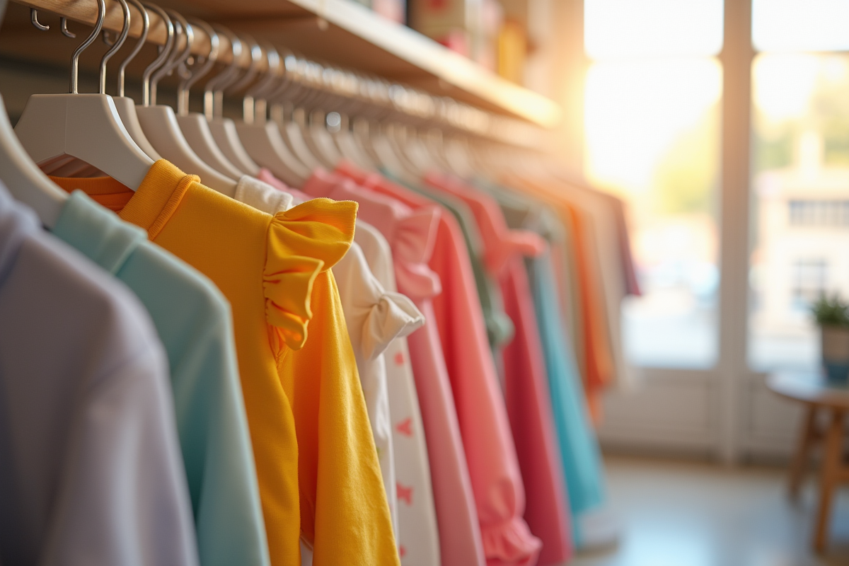 Vêtements colorés 2T sur un portant dans un magasin lumineux