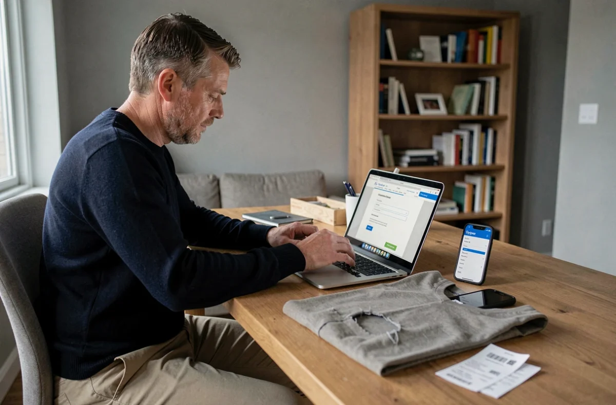 Homme remplissant un formulaire de réclamation en ligne sur un ordinateur portable avec un reçu et un vêtement défectueux posés sur le bureau