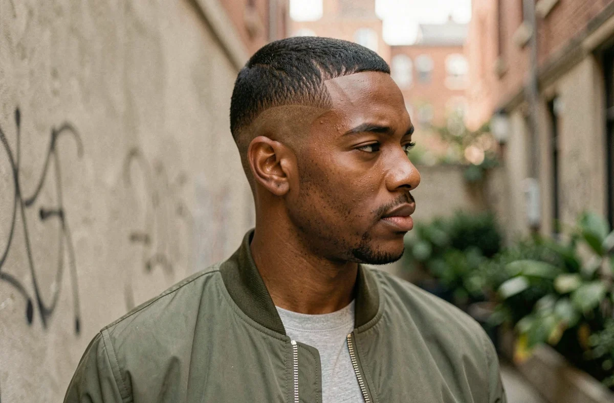 Portrait d'un homme aux cheveux courts avec un taper fade coupe casquette parfaitement dégradé sur fond urbain