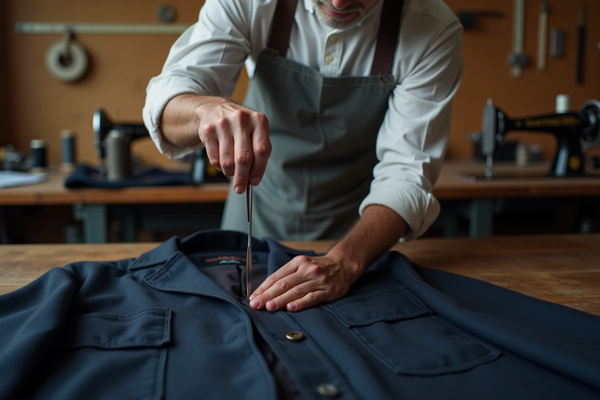 Retoucheur professionnel décousant les poches bâties d'un manteau marine avec un découd-vite dans son atelier