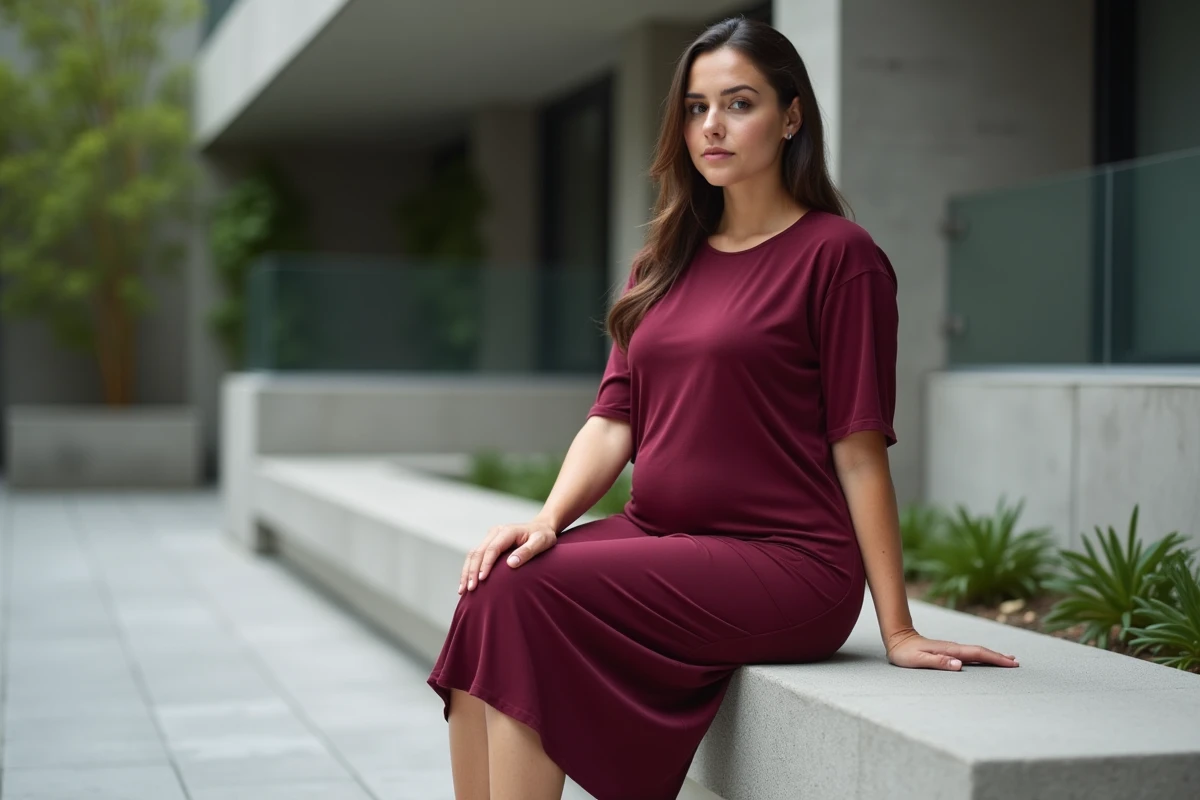 Femme ronde et petite en robe midi bordeaux monochrome à effet affinant, assise sur un banc urbain moderne