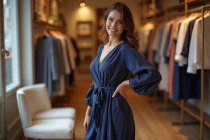 Femme petite et ronde portant une robe portefeuille bleu marine à rayures verticales dans une boutique parisienne