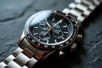 Montre chronographe Rolex Daytona en acier inoxydable avec cadran noir et lunette tachymètre posée sur ardoise grise