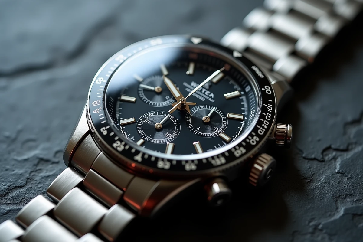 Montre chronographe Rolex Daytona en acier inoxydable avec cadran noir et lunette tachymètre posée sur ardoise grise
