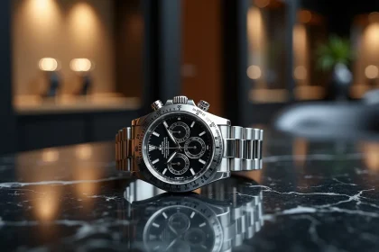 Rolex Daytona en acier inoxydable avec cadran noir posée sur un marbre sombre dans une boutique horlogère de luxe