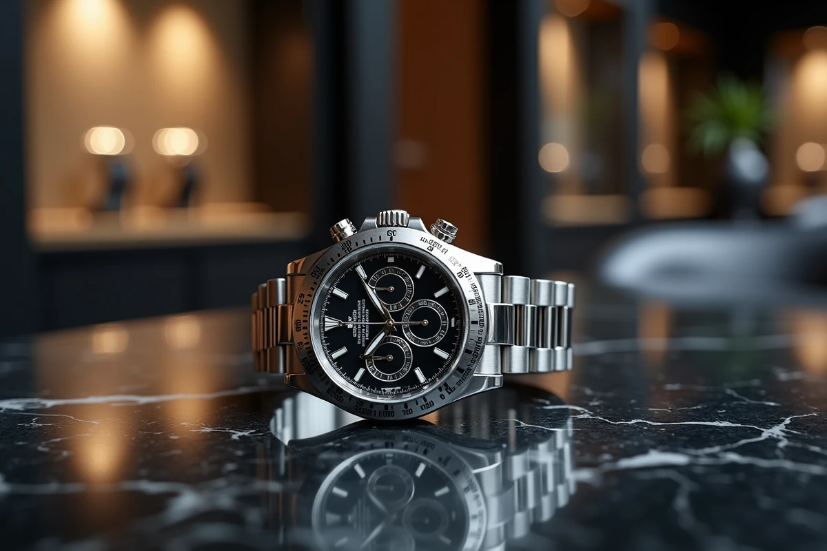 Rolex Daytona en acier inoxydable avec cadran noir posée sur un marbre sombre dans une boutique horlogère de luxe