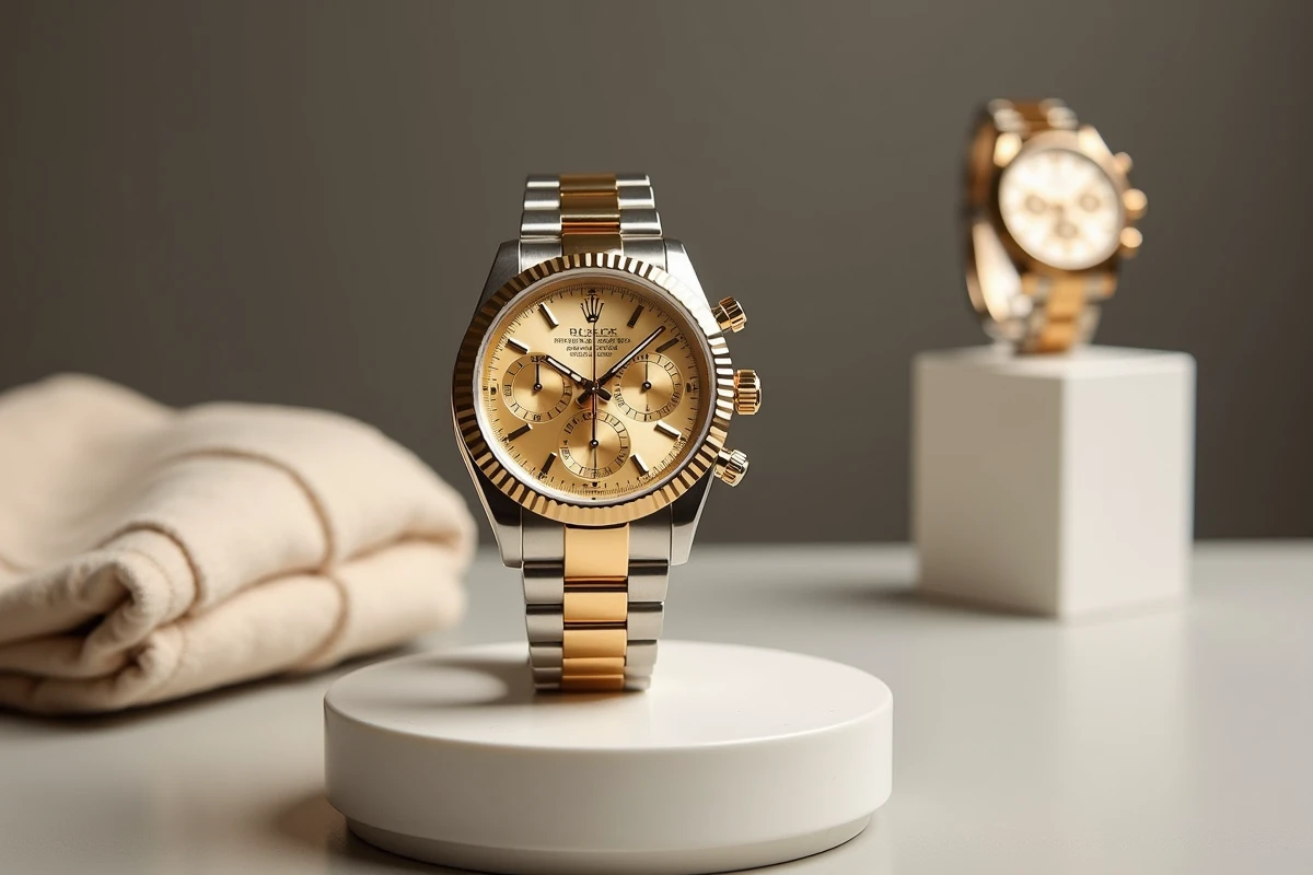 Rolex Daytona bicolore acier et or jaune sur présentoir en céramique blanche dans une vitrine de boutique horlogère