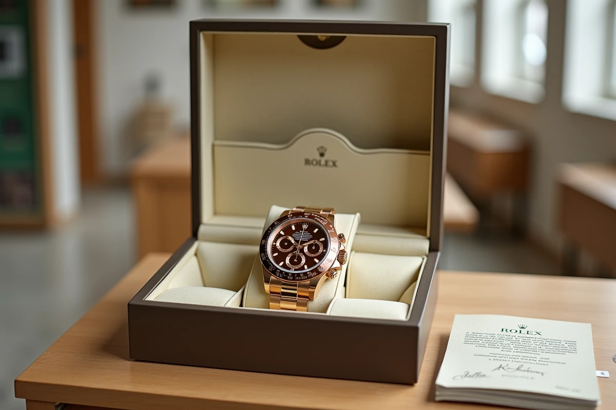 Rolex Daytona en Everose gold avec cadran brun dans son coffret officiel ouvert sur une table en chêne clair