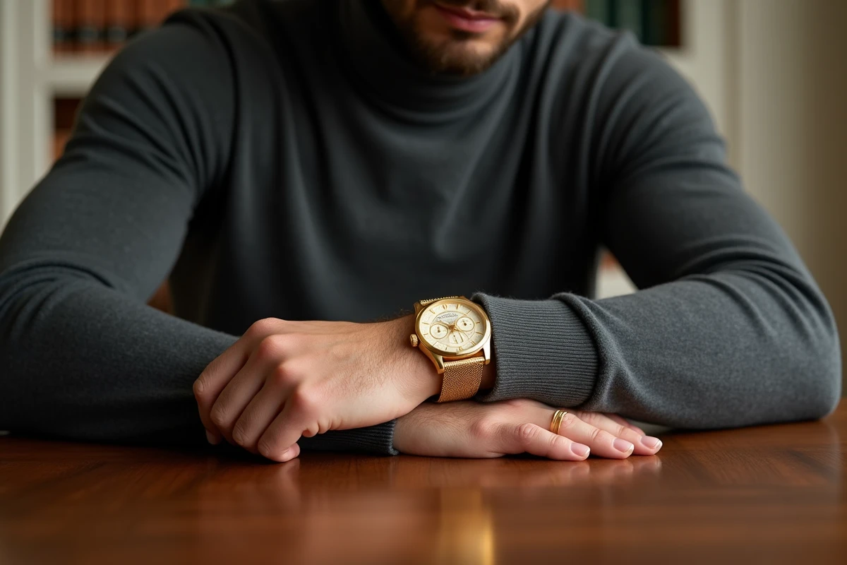 Homme portant une Rolex Daytona en or jaune massif avec cadran ivoire au poignet dans un bureau en bois de noyer