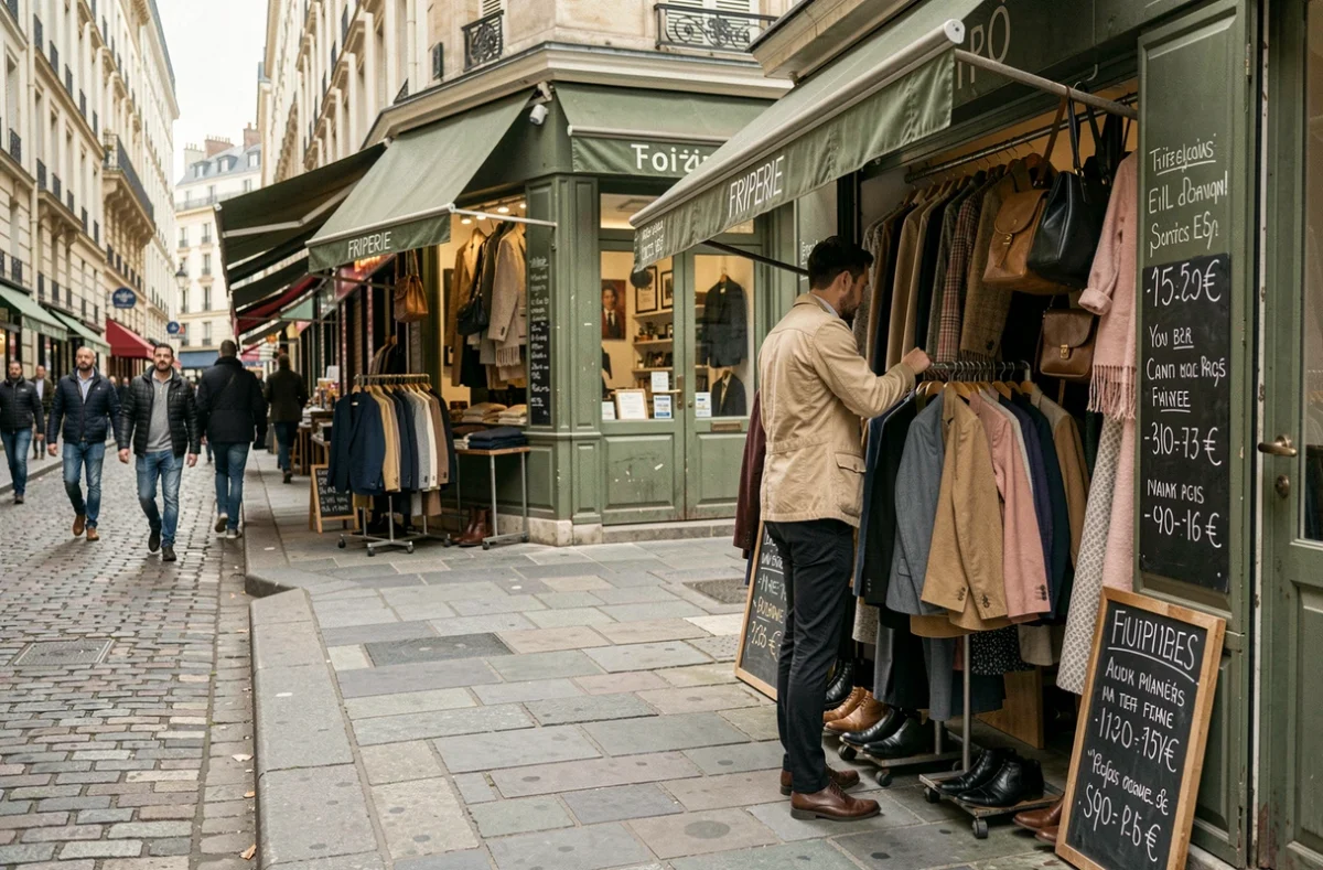Rue parisienne avec des devantures de friperies et des portants de vêtements en plein air, homme qui parcourt des vestes vintage sur le trottoir