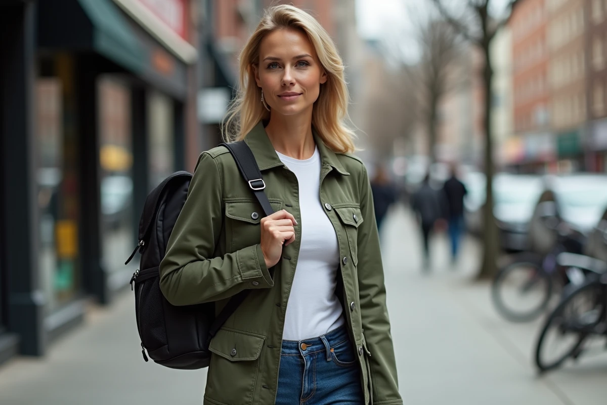 Femme marchant en ville avec un sac à dos léger pour ordinateur 13 pouces au design moderne et fonctionnel
