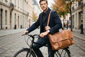 Homme en manteau marine avec une sacoche en cuir camel sur un vélo urbain noir dans une rue pavée européenne
