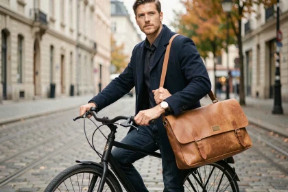 Homme en manteau marine avec une sacoche en cuir camel sur un vélo urbain noir dans une rue pavée européenne
