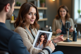 Femme avec référence de coiffure dans un salon moderne