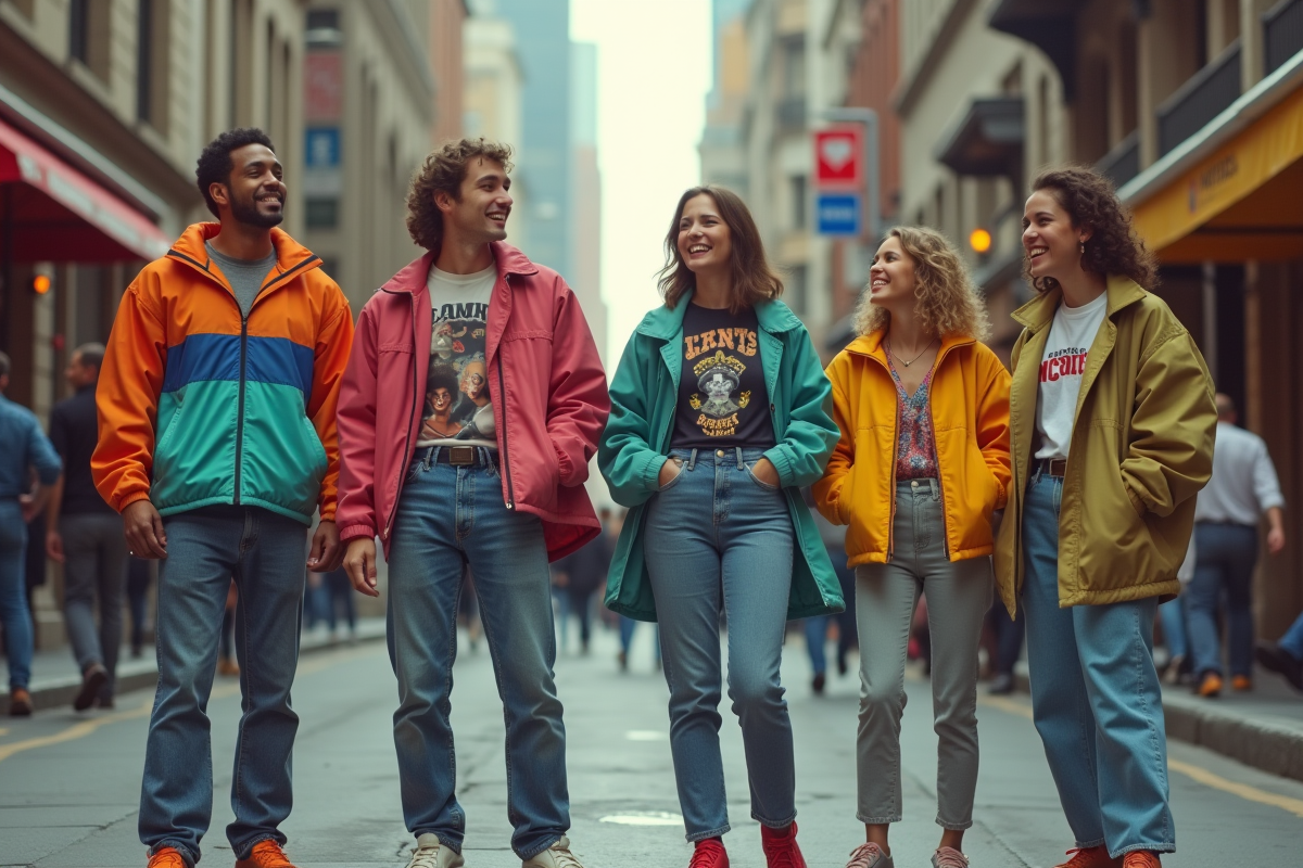 Scène de rue animée des années 80 avec jeunes en tenues rétro