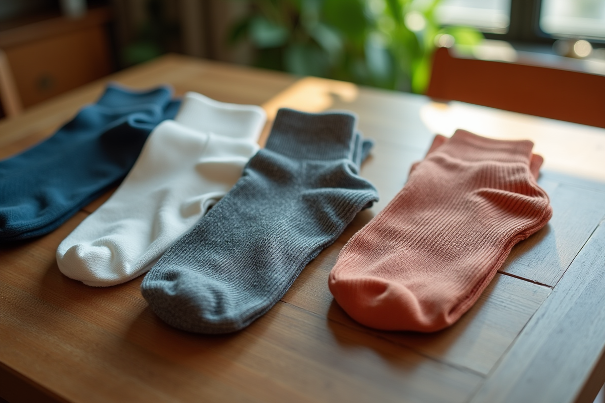 Sélection de chaussettes aux textures variées sur une table en bois