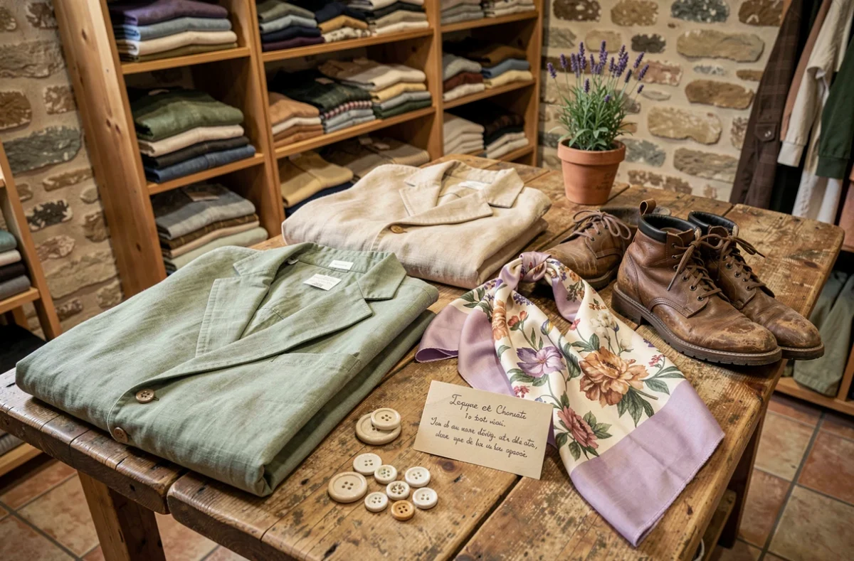 Sélection de vêtements et accessoires vintage en friperie dans le Vaucluse, disposés sur une table en bois rustique avec une ambiance provençale
