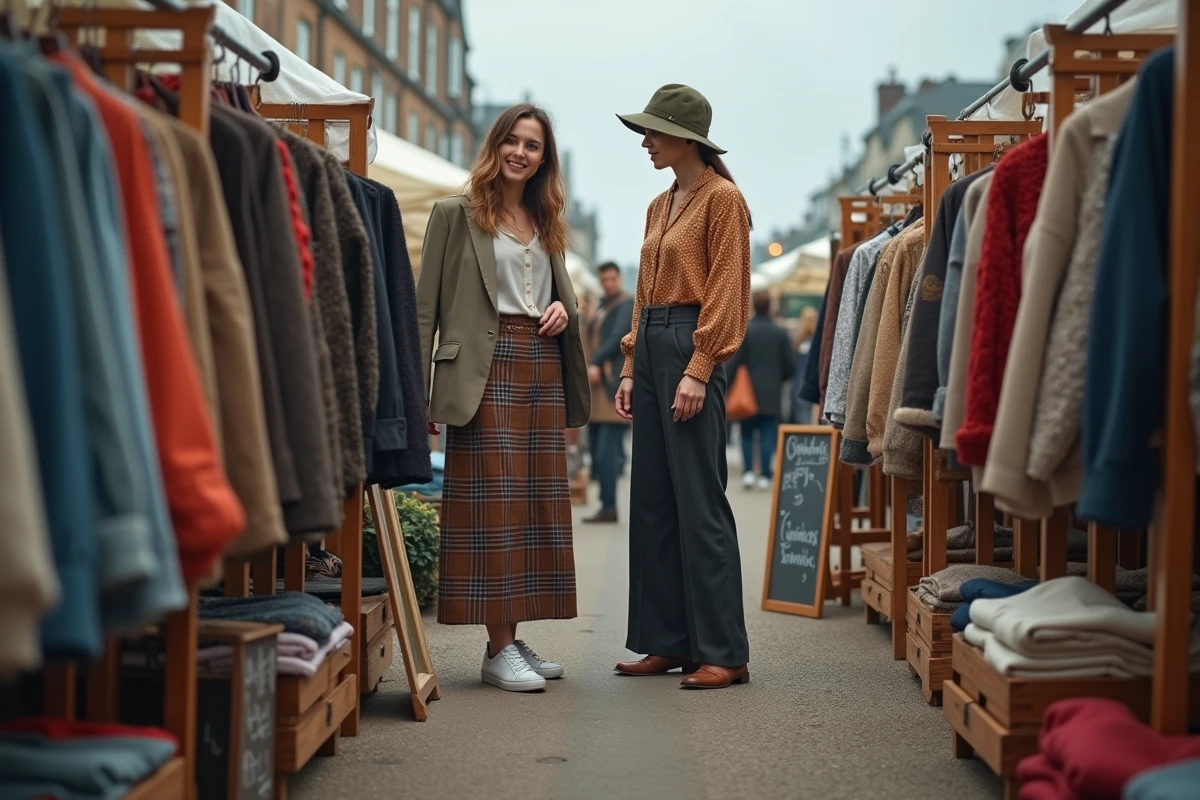 Deux femmes chinent sur un marché vintage en extérieur en associant pièces anciennes et vêtements modernes pour le look 2026