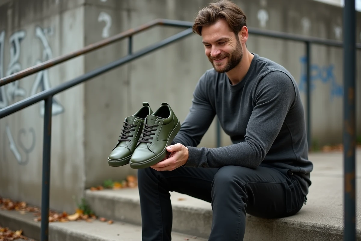 Homme inspectant des sneakers en cuir restaurées avec peinture cuir vert olive mat, tendance 2026 en milieu urbain