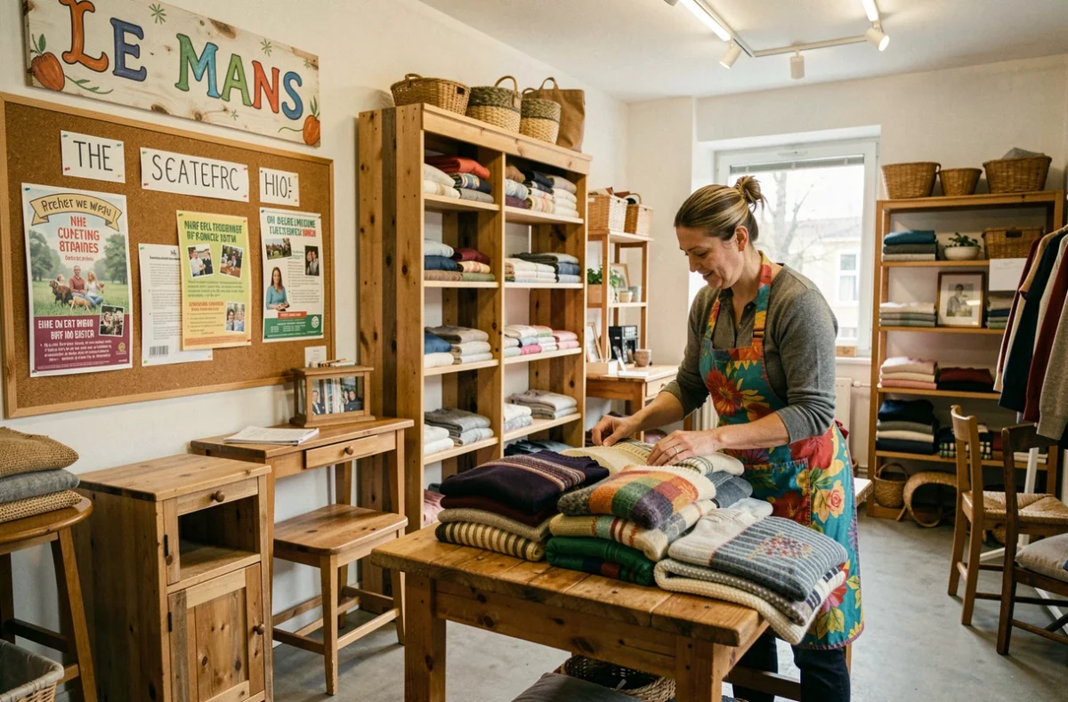 Bénévole arrangeant des pulls sur une table en bois dans la boutique associative So'Frip au Mans