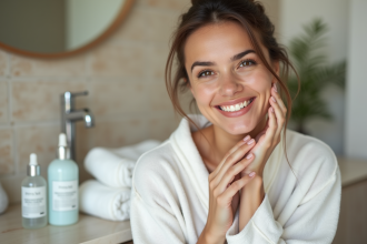 Femme appliquant un serum sur le visage dans sa salle de bain