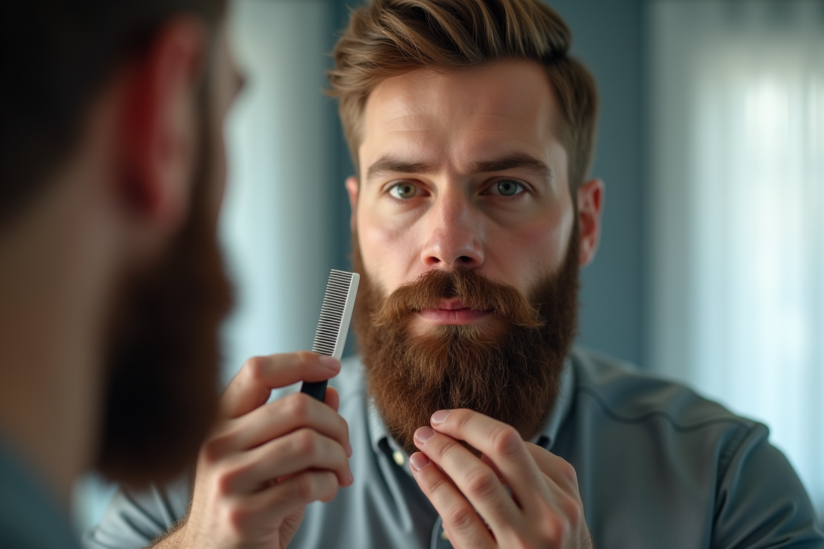 Homme coiffant sa barbe devant un miroir lumineux avec un peigne