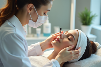 Esthéticienne appliquant un soin visage dans une clinique moderne