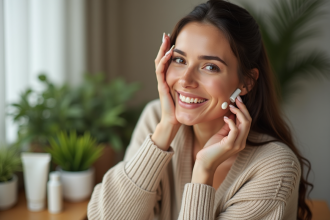 Femme appliquant une creme visage visage lumineux