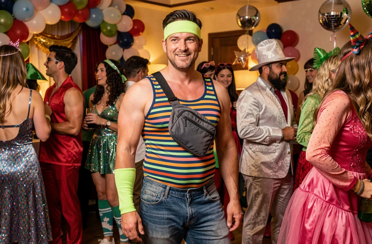 Homme en costume professeur d'aérobic années 80 mal assemblé lors d'une soirée déguisée, avec des erreurs de style visibles comme un justaucorps sur un jean