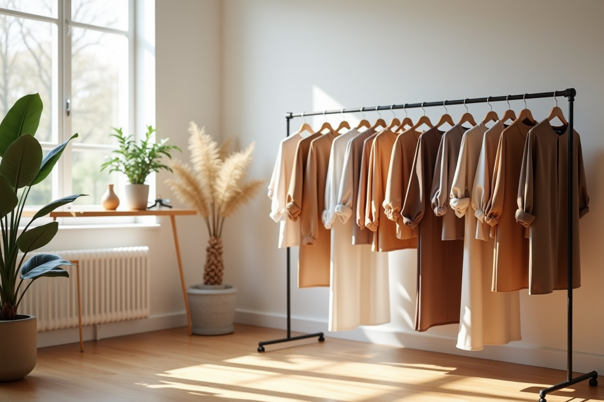 Studio de mode minimaliste avec rack de vêtements de saison