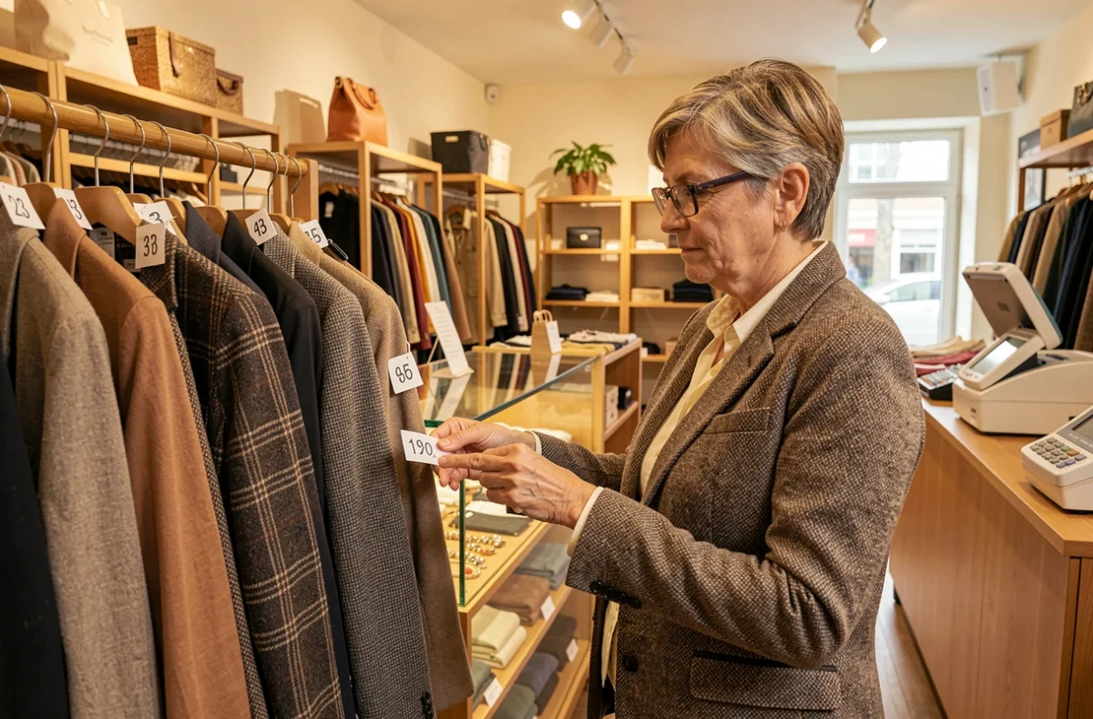 Cliente examinant l'étiquette d'un blazer sur un portant numéroté dans la boutique dépôt-vente Styl'chic au Mans
