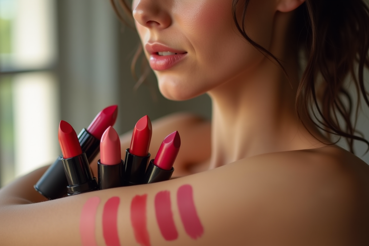 Femme tenant plusieurs rouges à lèvres en swatch sur l