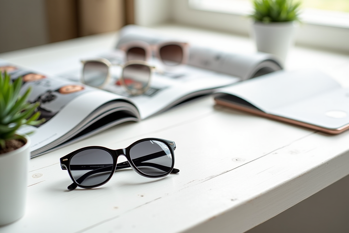 Arrangement de lunettes de soleil et magazines sur une table