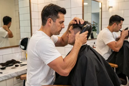 Homme réalisant lui-même un taper fade coupe casquette avec une tondeuse sans fil devant son miroir de salle de bain
