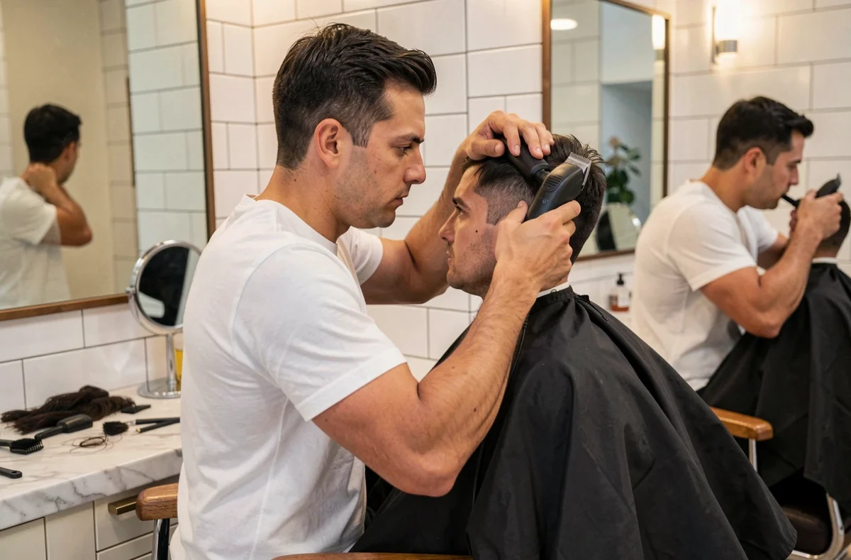 Homme réalisant lui-même un taper fade coupe casquette avec une tondeuse sans fil devant son miroir de salle de bain