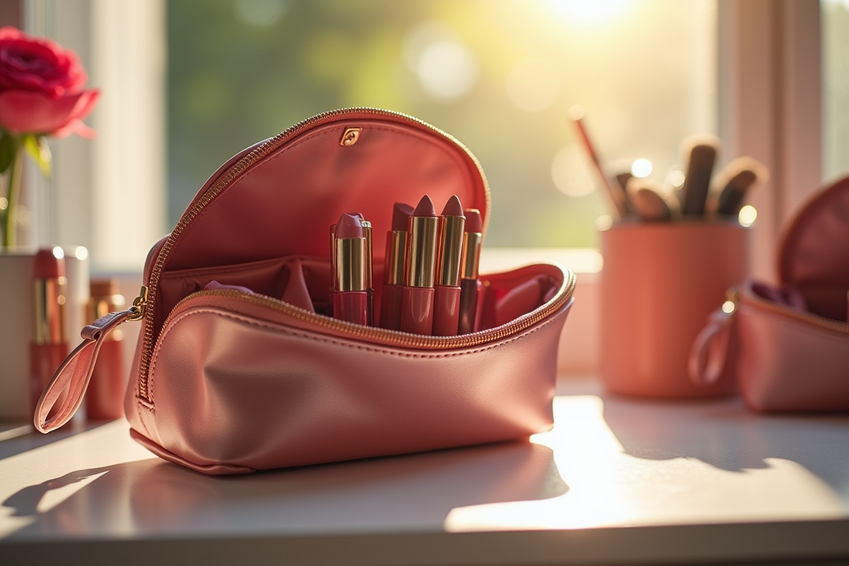 Trousse de maquillage ouverte avec crayons à lèvres et rouges à lèvres