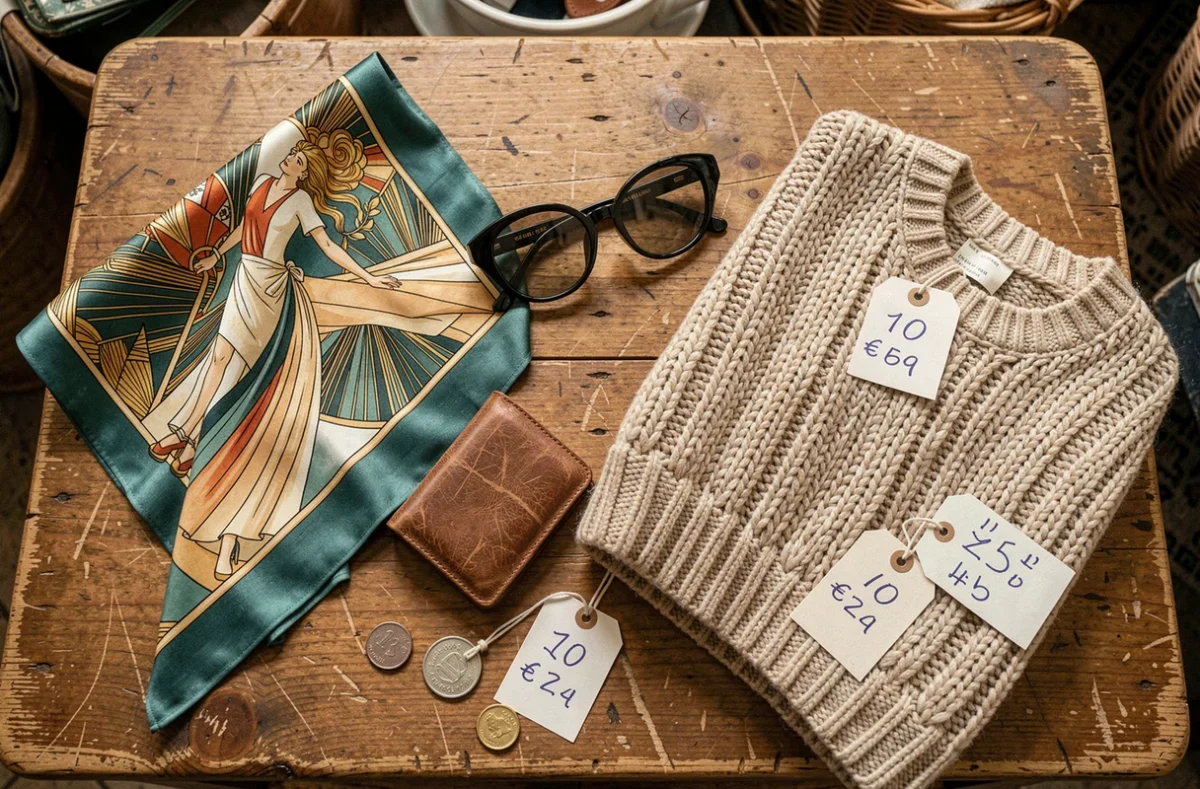Flat-lay de trouvailles vintage sur une table en bois dans une friperie parisienne : foulard en soie, lunettes rétro, pull en laine et étiquettes à petits prix