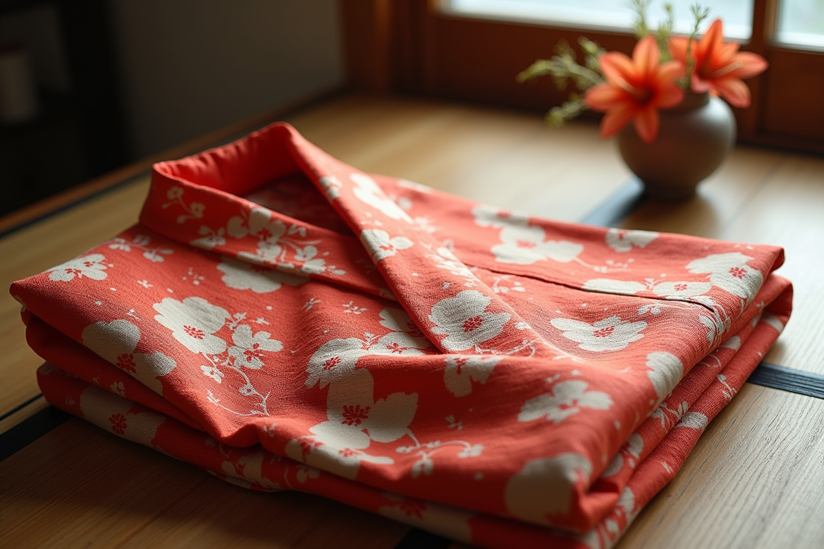 Tunique japonaise pliee sur une table en bois avec tatami et fleurs ikebana
