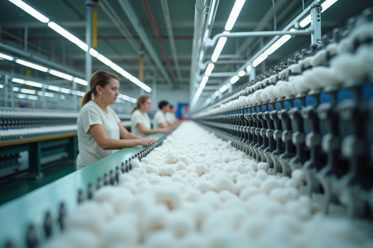 Intérieur d une usine textile moderne avec machines et ouvriers