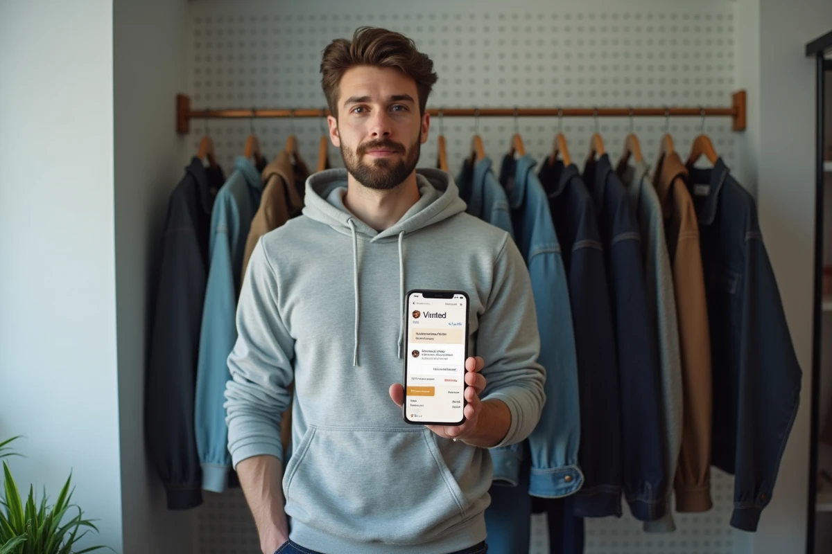 Vendeur Vinted consultant son application pour gérer l'envoi sans frais de port